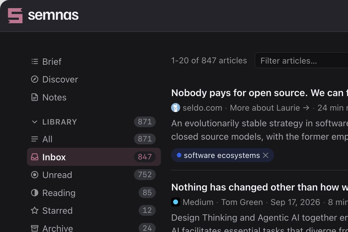 The Semnas library: an inbox of 847 saved articles with filters for unread, reading, starred and archive