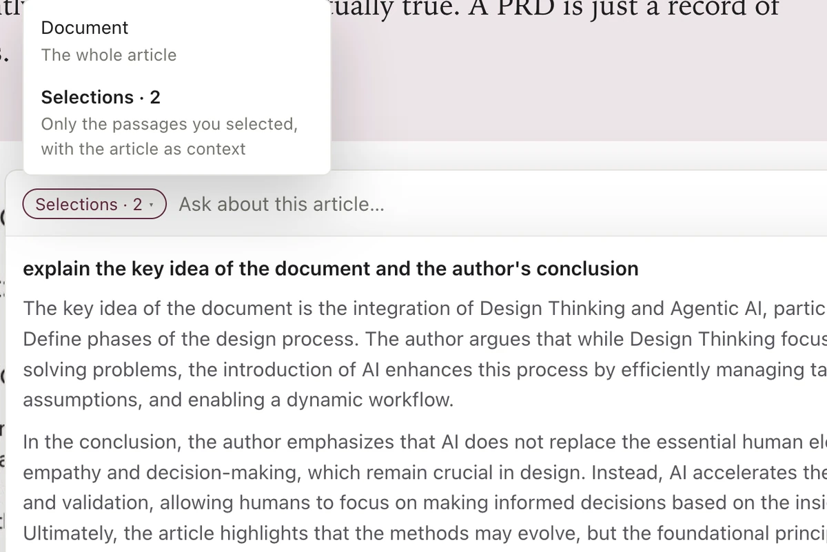 Asking a question about two selected passages and reading the answer